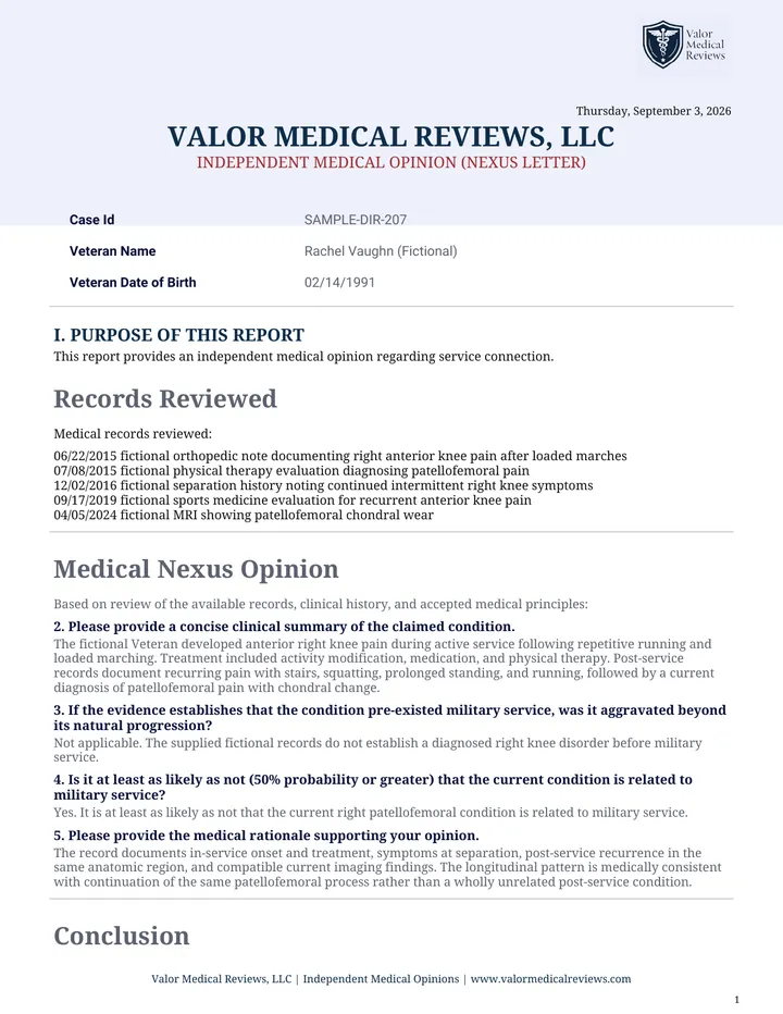 Sample independent medical opinion for a veteran's direct service-connection claim. Fictional case shown for illustration.