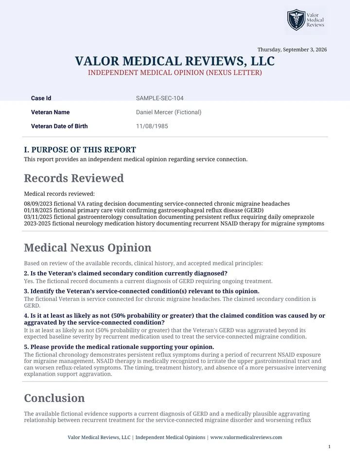 Sample independent medical opinion for a secondary service-connection claim. Fictional case.